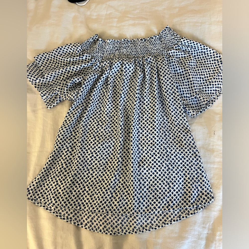 Veronica M Navy and White Patterned Blouse